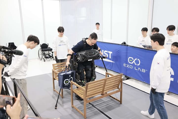 Researcher Seunghwan Kim and the WalkON Suit F1 exoskeleton compete in the 2024 Cybathlon