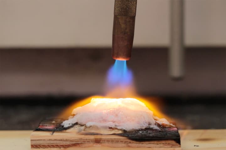 When blasted by a gas hand-torch the new material turned from a squishy hydrogel to a solid aerogel. 