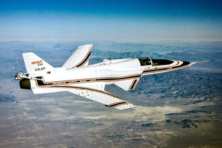 EC90-039-4, the No. 2 X-29 technology demonstrator aircraft is seen here during a 1990 test flight