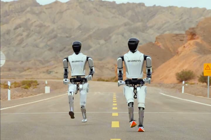 Robot Era's flagship Star1 humanoids cross trail, grassland and road for a Gobi Desert run that tests barefoot against sneaker