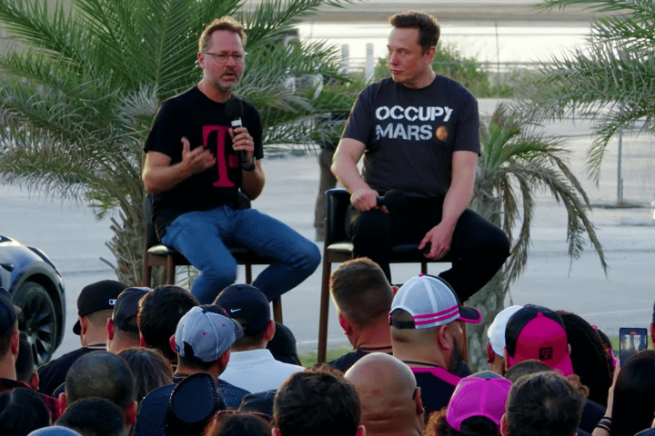 SpaceX CEO Elon Musk on stage with T-Mobile CEO and President Mike Sievert