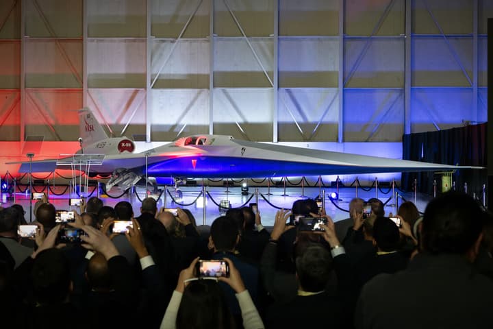 NASA's X-59 quiet supersonic research aircraft as seen when it was unveiled at a ceremony earlier this year at Lockheed Martin's Skunk Works factory in Palmdale, California