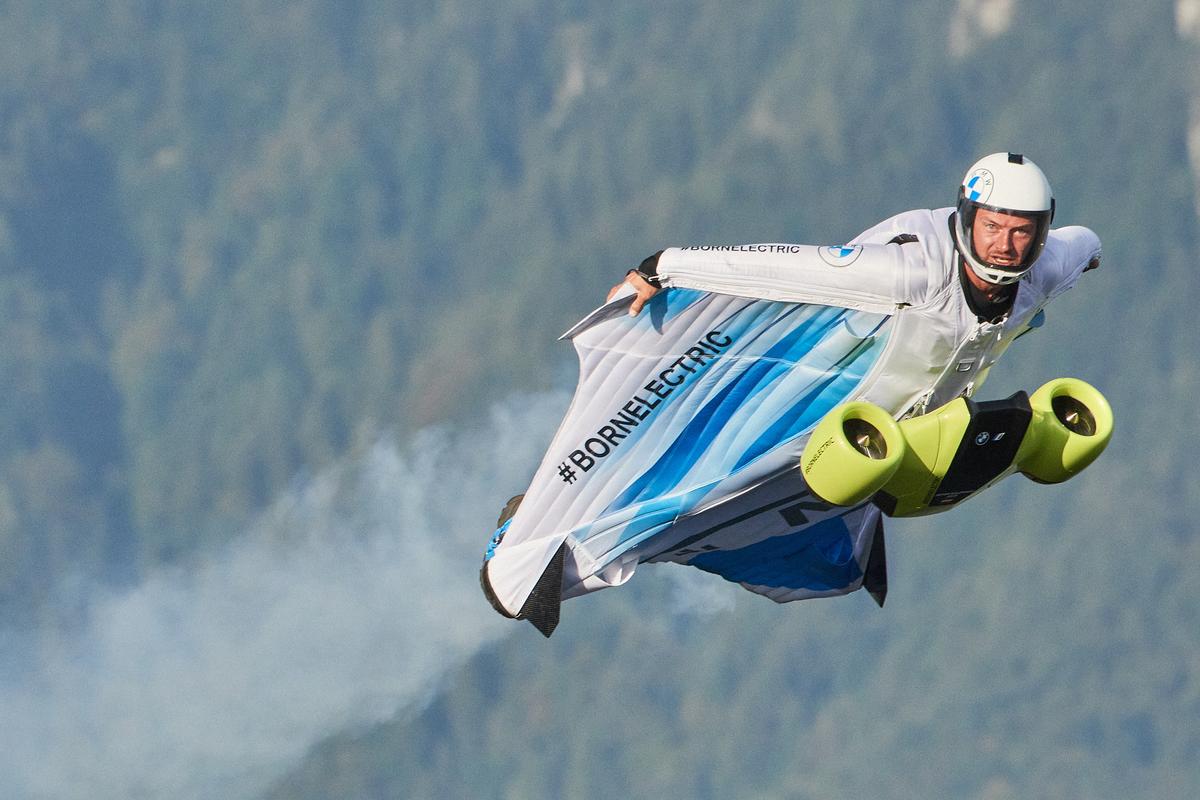 Austria's Peter Salzmann powers through the air in his 300-km/h, twin-impeller electric wingsuit