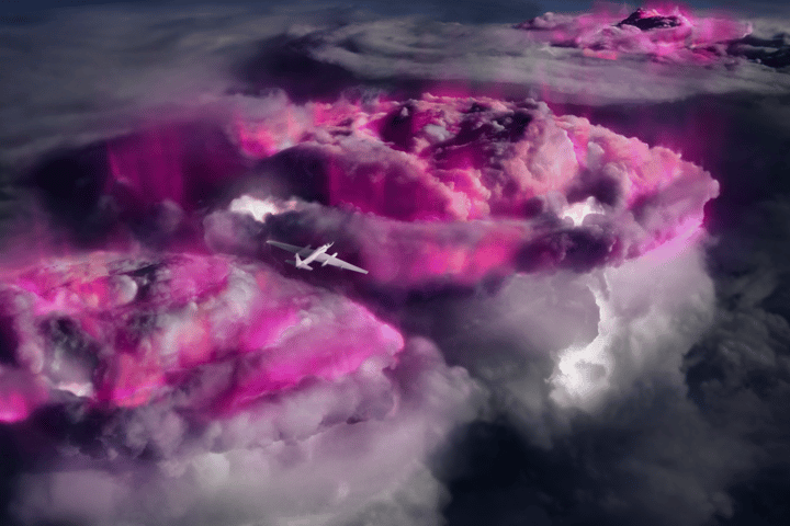 An artist's impression of the NASA research plane flying over thunderstorm systems to detect gamma ray emissions