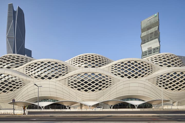 Zaha Hadid Architects' KAFD Metro Station, pictured, is a key station in Saudi Arabia's new Riyadh Metro, which is hailed as the world's longest driverless transit system