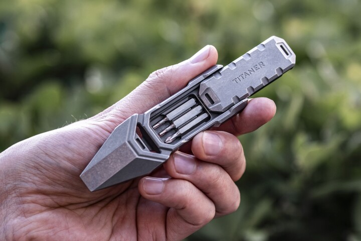 The Titanium Multi-Tool Pry Bar with Fidget Slider measures 10 cm long (when closed) by 2.5 cm wide by 1 cm thick – or 3.9 by 1 by 0.4 inches