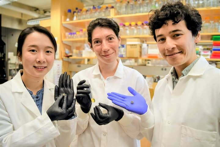 From left, team members Qijun Liu of Boston University, Maria Eugenia Inda of MIT, and Miguel Jimenez of MIT pose with the pill