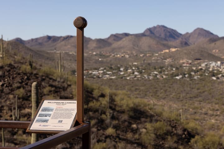 The Millennium Camera sits on a pole on Tumamoc Hill, looking out over a neighborhood of Tucson, Arizona – where it will (hopefully) keep watch for 1,000 years