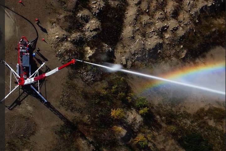 A bird's-eye view of a RainStream tower – the technology is intended to bridge the gap between ground-based firefighters and aircraft-supported wildfire suppression