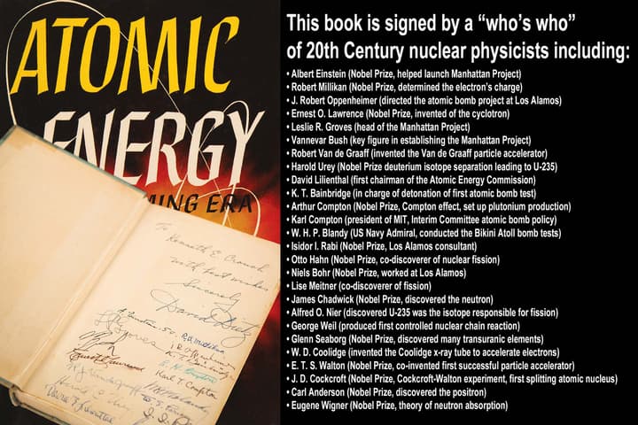 This remarkable compendium of autographs of the scientists that played a role in understanding and harnessing nuclear power is a one-of-a-kind piece – an irreplaceable relic of what is perhaps the most momentous development in history.