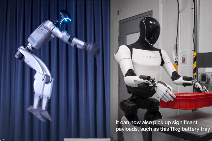 Left: the Unitree G1 sets a new humanoid standing long-jump record. Right: Tesla's Optimus picks up a tray